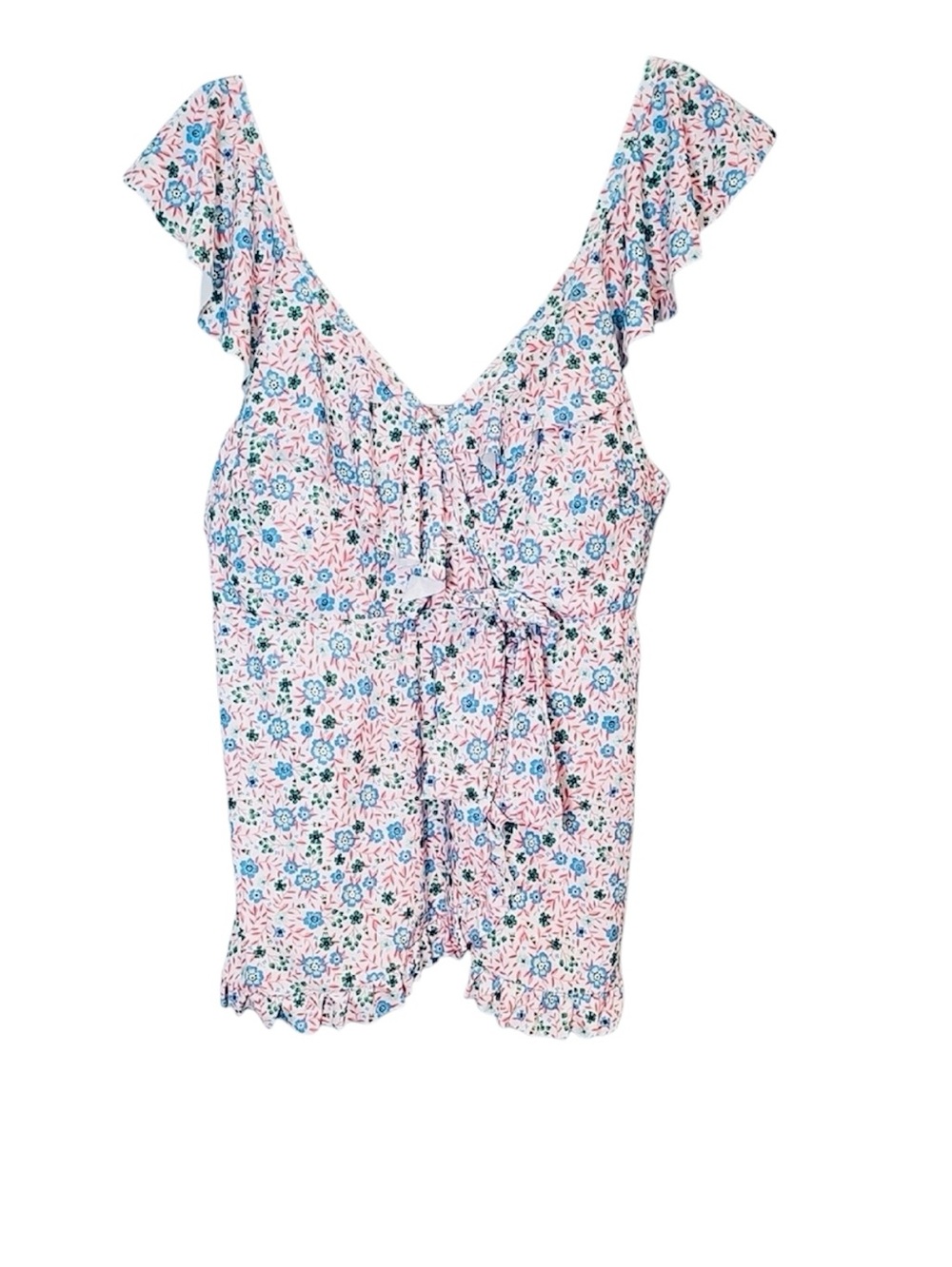 💚 Pink Floral Faux Tie-Front & Ruffle Sleeves Tankini, Size 3XL